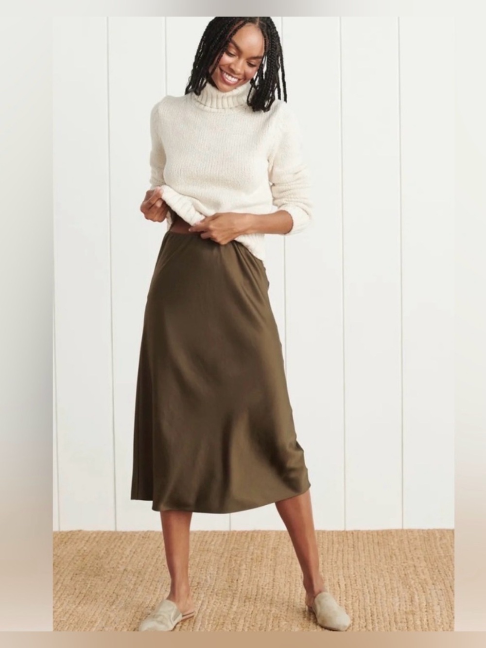 Jenni Kayne Sawyer Slip Skirt Olive Satin Midi